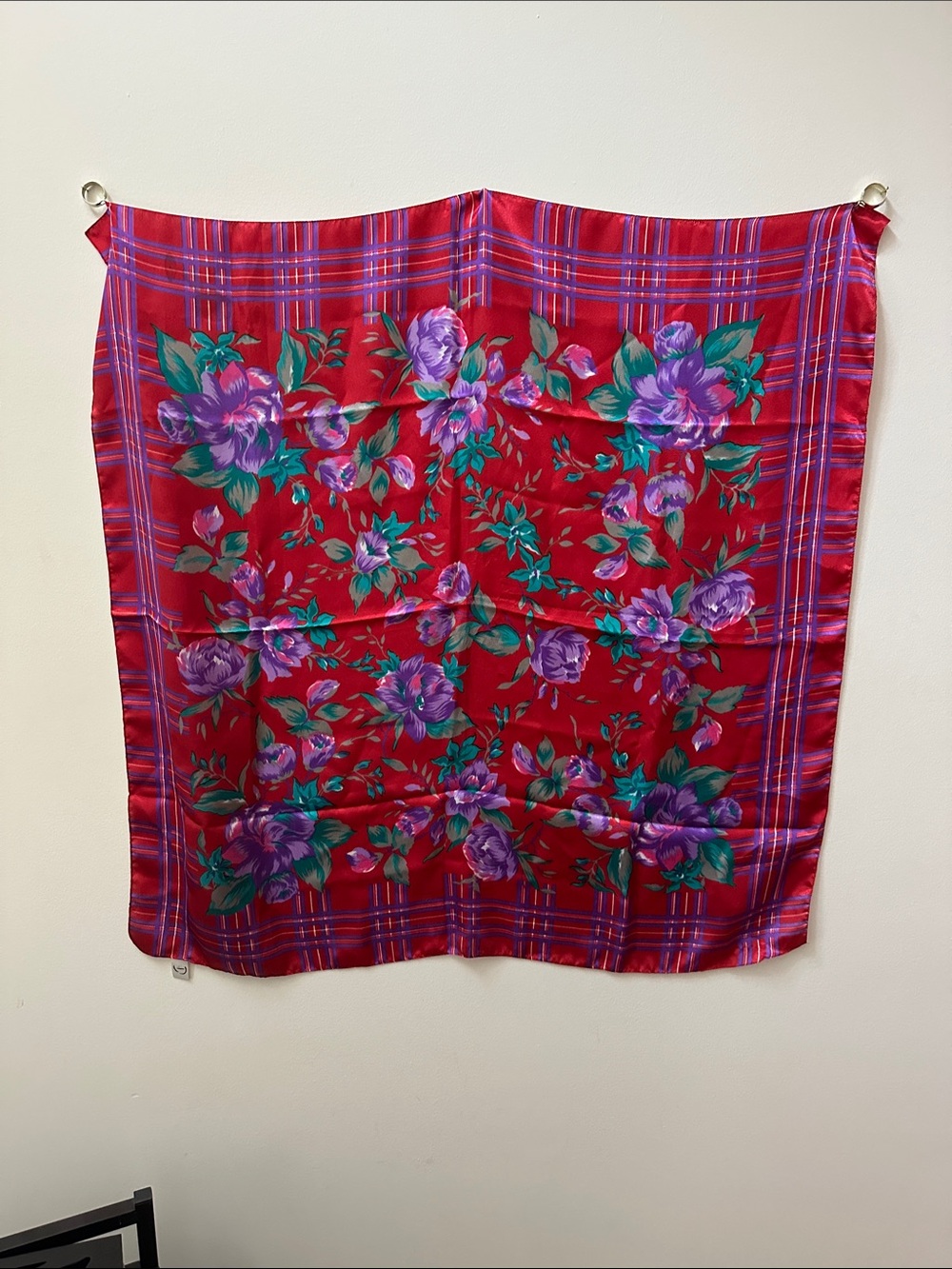Red Floral Scarf with Purple & Teal Blooms